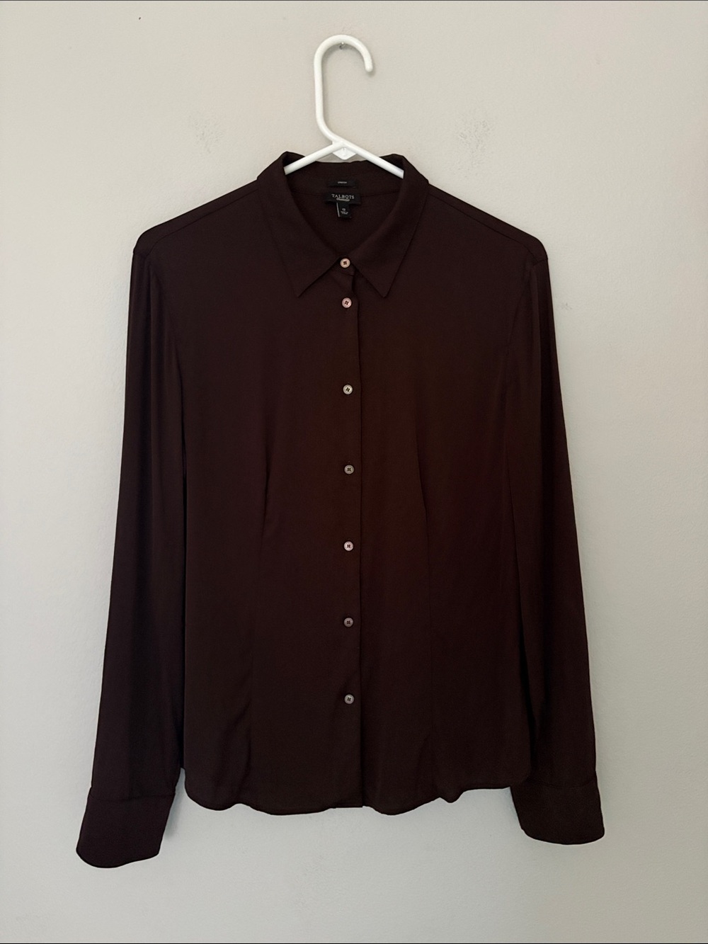 TALBOTS Stretch Silk Charmeuse Button Down Blouse Size 12 Brown Luxury